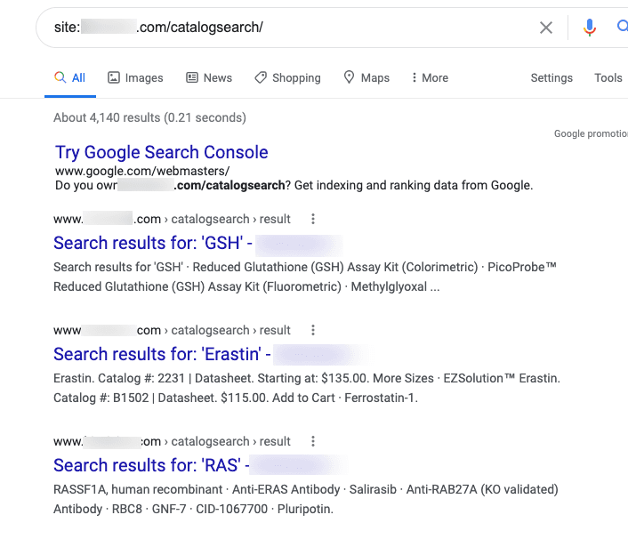 在 Google 搜索结果中编入索引的内部搜索页面。