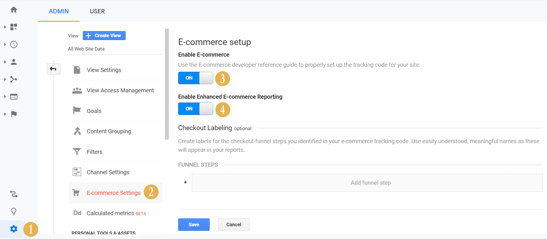 如何在 Google Analytics 中开启电子商务设置的屏幕截图。