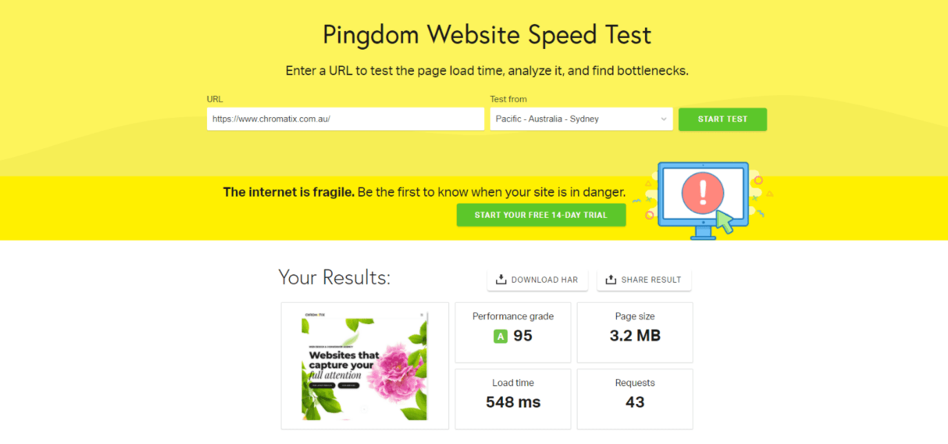 Chromatix 的 Pingdom 网站速度测试。
