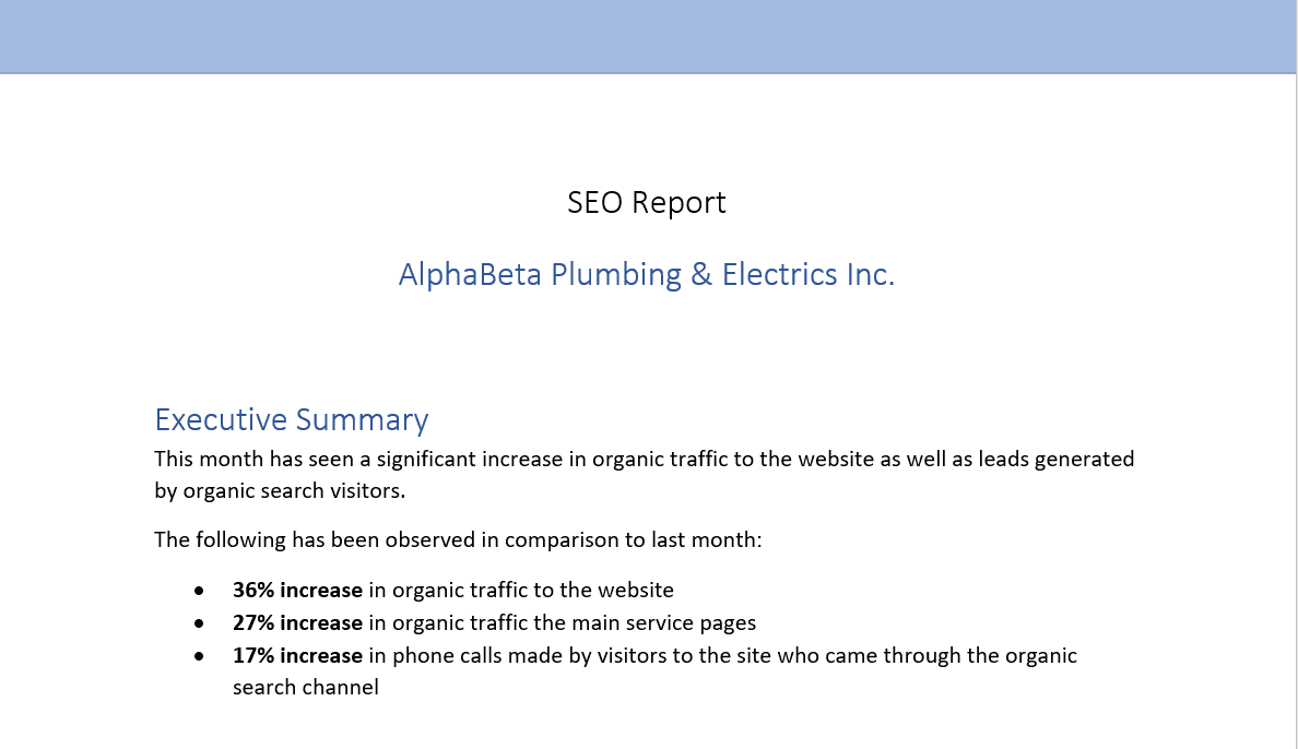 谷歌 AlphaBeta 管道和电气公司的 SEO 报告。