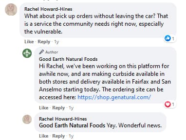 Good Earth Natural Foods 在 Facebook 评论中与他们的社区互动。