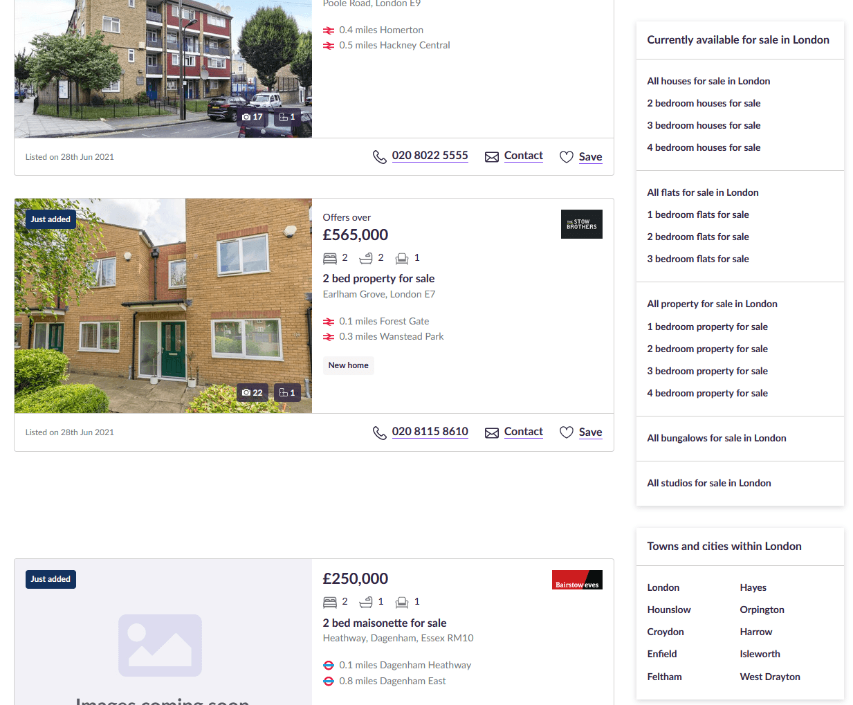 侧边栏链接到 Zoopla 上的相关子类别。