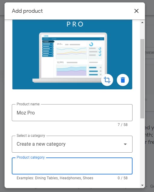 在 Google 我的商家产品中将产品命名为“Moz Pro”。