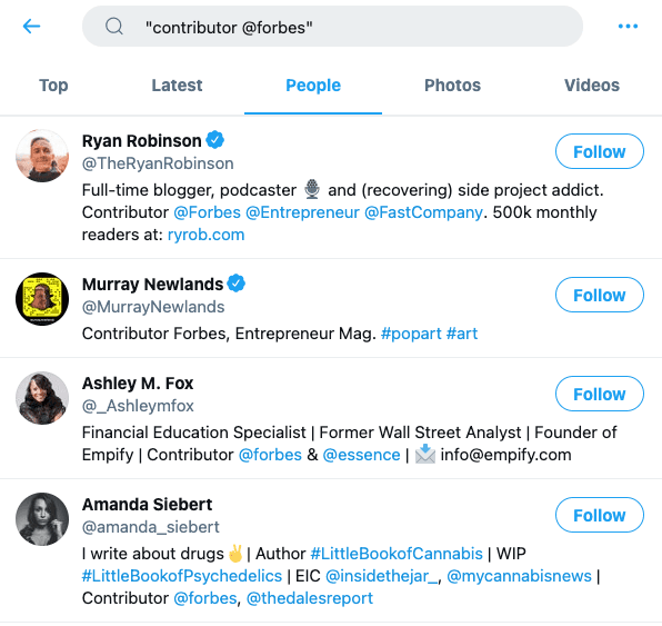 在 Twitter 上搜索“贡献者@Forbes”。