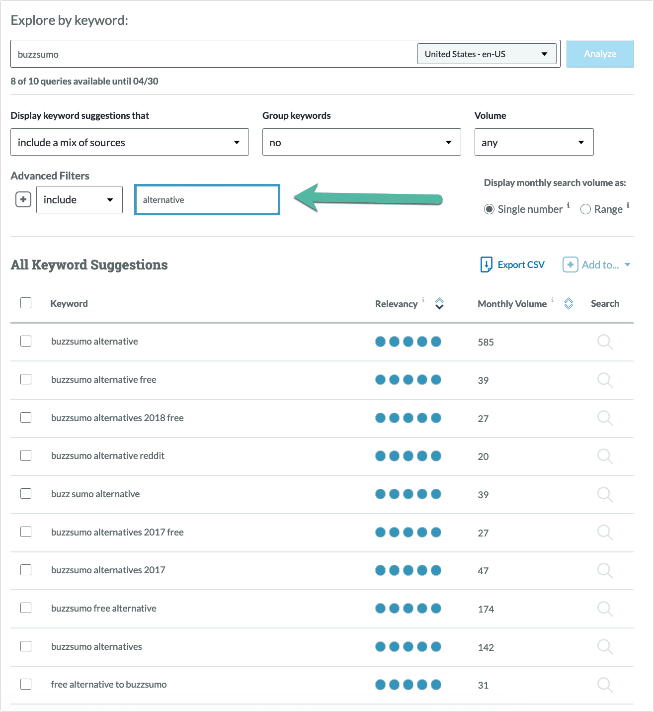 Buzzsumo 的 Moz Pro 关键字浏览器列表的屏幕截图。
