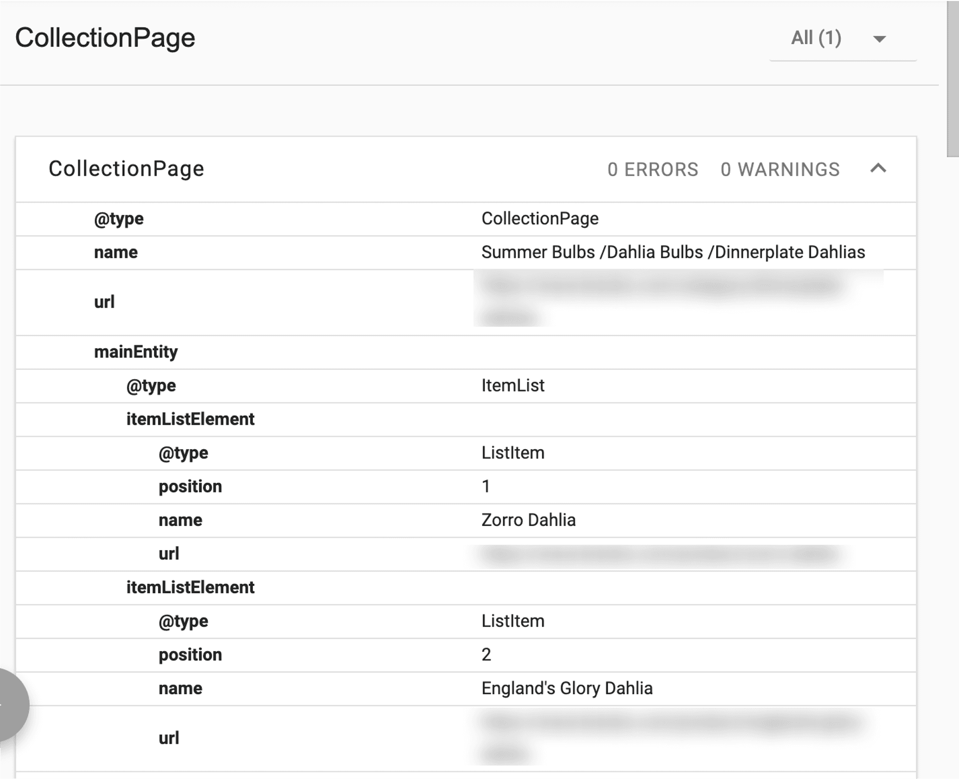 Google 类别页面的 CollectionPage 架构示例。
