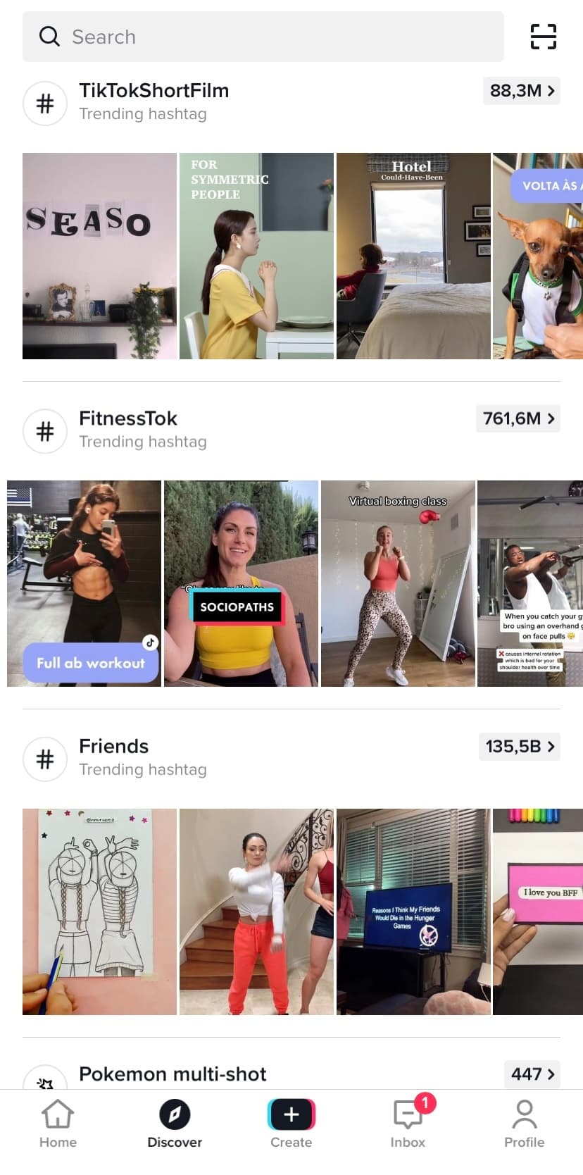 TikTok 发现标签的屏幕截图，其中包含热门标签#TikTokShortFilm、#FitnessTok 和#Friends。